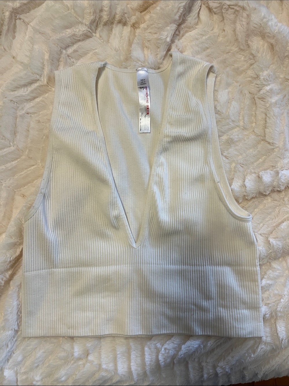 Free People Cream Ribbed Deep V Crop Tank
